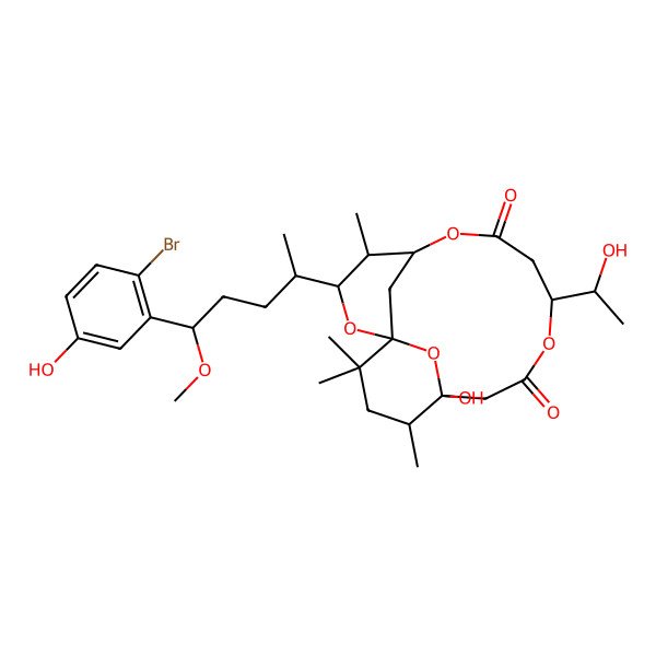 2D Structure of (1R,3R,4S,5S,13S,14R)-3-[(2S)-5-(2-bromo-5-hydroxyphenyl)-5-methoxypentan-2-yl]-13-hydroxy-9-[(1R)-1-hydroxyethyl]-4,14,16,16-tetramethyl-2,6,10,17-tetraoxatricyclo[11.3.1.11,5]octadecane-7,11-dione