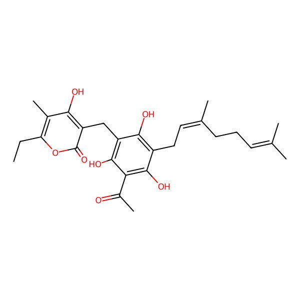 2D Structure of 3-[[3-acetyl-5-[(2E)-3,7-dimethylocta-2,6-dienyl]-2,4,6-trihydroxyphenyl]methyl]-6-ethyl-4-hydroxy-5-methylpyran-2-one