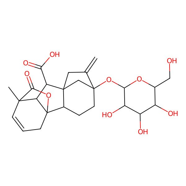 2D Structure of 11-Methyl-6-methylidene-16-oxo-5-[3,4,5-trihydroxy-6-(hydroxymethyl)oxan-2-yl]oxy-15-oxapentacyclo[9.3.2.15,8.01,10.02,8]heptadec-12-ene-9-carboxylic acid
