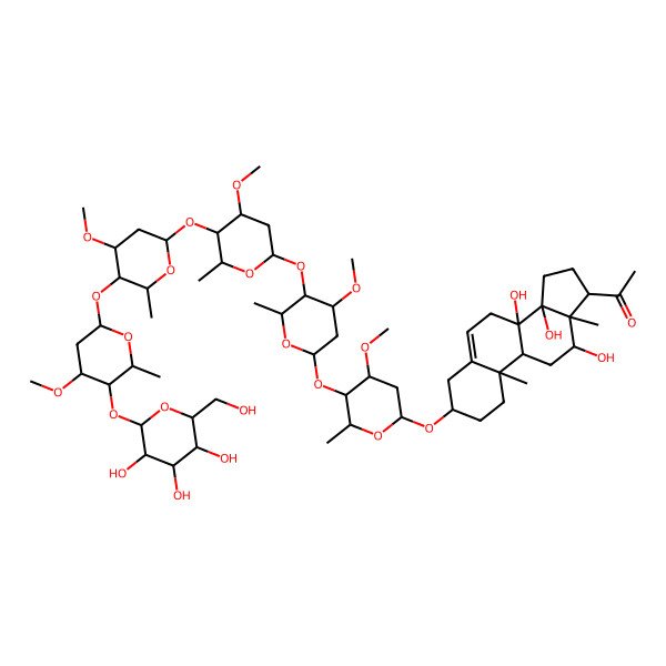 2D Structure of 1-[(3S,8S,9R,10R,12R,13S,14R,17S)-8,12,14-trihydroxy-3-[(2R,4R,5R,6R)-4-methoxy-5-[(2S,4R,5R,6R)-4-methoxy-5-[(2S,4R,5R,6R)-4-methoxy-5-[(2S,4S,5R,6R)-4-methoxy-5-[(2S,4R,5R,6R)-4-methoxy-6-methyl-5-[(2S,3R,4S,5S,6R)-3,4,5-trihydroxy-6-(hydroxymethyl)oxan-2-yl]oxyoxan-2-yl]oxy-6-methyloxan-2-yl]oxy-6-methyloxan-2-yl]oxy-6-methyloxan-2-yl]oxy-6-methyloxan-2-yl]oxy-10,13-dimethyl-2,3,4,7,9,11,12,15,16,17-decahydro-1H-cyclopenta[a]phenanthren-17-yl]ethanone