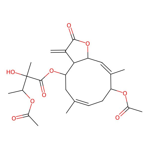 2D Structure of [(3aS,4S,6Z,9R,10E,11aR)-9-acetyloxy-6,10-dimethyl-3-methylidene-2-oxo-3a,4,5,8,9,11a-hexahydrocyclodeca[b]furan-4-yl] (2S,3R)-3-acetyloxy-2-hydroxy-2-methylbutanoate