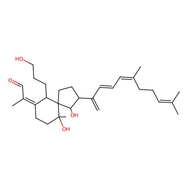2D Structure of (2Z)-2-[(3R,4S,5S,6R,10S)-3-[(3E,5E)-6,10-dimethylundeca-1,3,5,9-tetraen-2-yl]-4,10-dihydroxy-6-(3-hydroxypropyl)-10-methylspiro[4.5]decan-7-ylidene]propanal