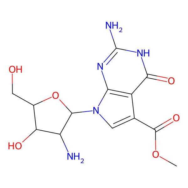 2D Structure of methyl 2-amino-7-[3-amino-4-hydroxy-5-(hydroxymethyl)oxolan-2-yl]-4-oxo-3H-pyrrolo[2,3-d]pyrimidine-5-carboxylate