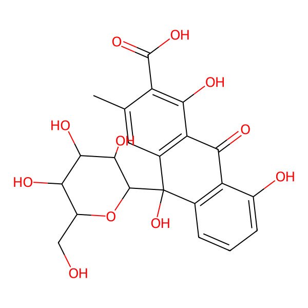 2D Structure of (10R)-1,8,10-trihydroxy-3-methyl-9-oxo-10-[(2R,3R,4S,5S,6R)-3,4,5-trihydroxy-6-(hydroxymethyl)oxan-2-yl]anthracene-2-carboxylic acid