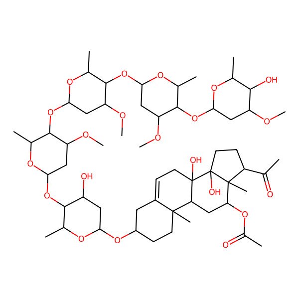 2D Structure of [(3S,8S,9R,10R,12R,13S,14R,17R)-17-acetyl-8,14-dihydroxy-3-[(2R,4R,5S,6R)-4-hydroxy-5-[(2S,4R,5R,6R)-5-[(2S,4R,5R,6R)-5-[(2S,4S,5R,6R)-5-[(2S,4R,5R,6R)-5-hydroxy-4-methoxy-6-methyloxan-2-yl]oxy-4-methoxy-6-methyloxan-2-yl]oxy-4-methoxy-6-methyloxan-2-yl]oxy-4-methoxy-6-methyloxan-2-yl]oxy-6-methyloxan-2-yl]oxy-10,13-dimethyl-2,3,4,7,9,11,12,15,16,17-decahydro-1H-cyclopenta[a]phenanthren-12-yl] acetate