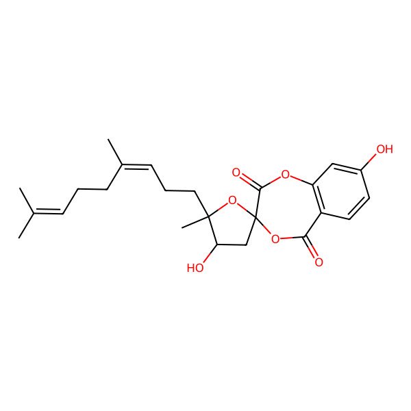 2D Structure of 2'-(4,8-Dimethylnona-3,7-dienyl)-3',8-dihydroxy-2'-methylspiro[1,4-benzodioxepine-3,5'-oxolane]-2,5-dione