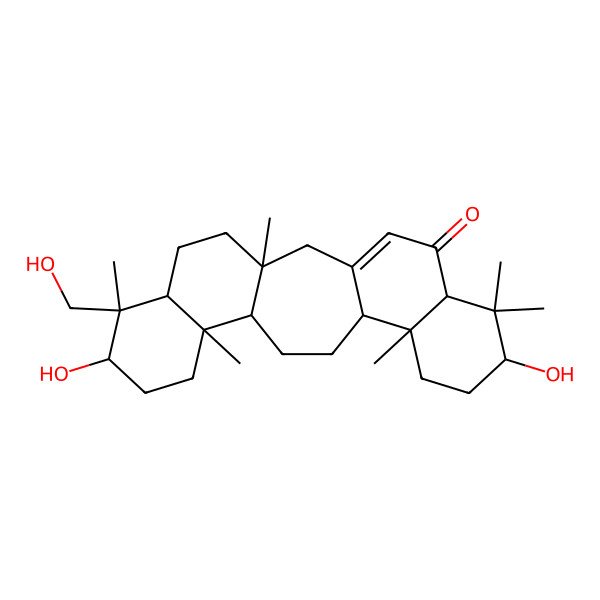 2D Structure of (1S,6R,8R,11R,12R,15S,16R,19R,20S,21R)-8,19-dihydroxy-20-(hydroxymethyl)-1,7,7,11,16,20-hexamethylpentacyclo[13.8.0.03,12.06,11.016,21]tricos-3-en-5-one