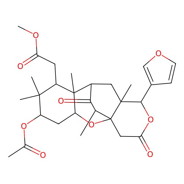 2D Structure of Methyl 2-[5-acetyloxy-12-(furan-3-yl)-6,6,8,11,16-pentamethyl-14,17-dioxo-2,13-dioxatetracyclo[7.6.2.01,11.03,8]heptadecan-7-yl]acetate