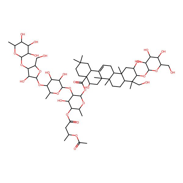 2D Structure of [(2S,3R,4S,5R,6R)-5-[(3R)-3-acetyloxybutanoyl]oxy-3-[(2R,3S,4R,5S,6R)-3,4-dihydroxy-5-[(2S,3R,4R,5R)-3-hydroxy-5-(hydroxymethyl)-4-[(2S,3S,4S,5S,6R)-3,4,5-trihydroxy-6-methyloxan-2-yl]oxyoxolan-2-yl]oxy-6-methyloxan-2-yl]oxy-4-hydroxy-6-methyloxan-2-yl] (4aR,5R,6aR,6aS,6bR,8aR,9R,10R,11S,12aR,14bS)-5,11-dihydroxy-9-(hydroxymethyl)-2,2,6a,6b,9,12a-hexamethyl-10-[(2R,3R,4S,5S,6R)-3,4,5-trihydroxy-6-(hydroxymethyl)oxan-2-yl]oxy-1,3,4,5,6,6a,7,8,8a,10,11,12,13,14b-tetradecahydropicene-4a-carboxylate