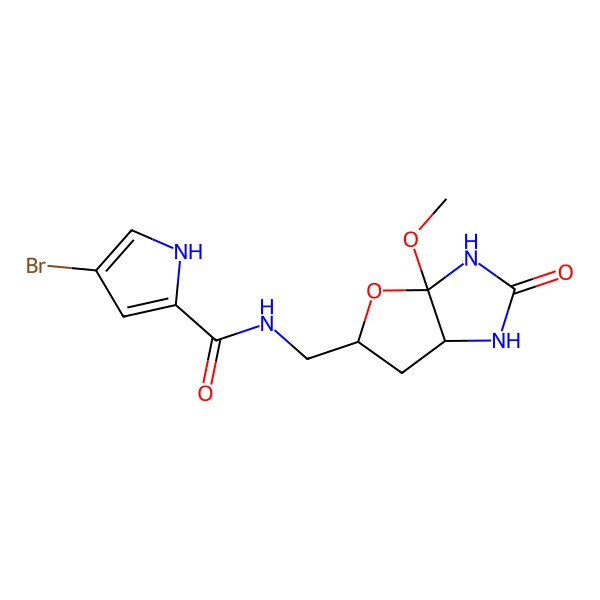 2D Structure of N-[[(3aR,5S,6aS)-3a-methoxy-2-oxo-3,5,6,6a-tetrahydro-1H-furo[2,3-d]imidazol-5-yl]methyl]-4-bromo-1H-pyrrole-2-carboxamide