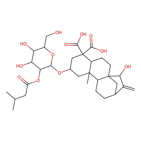 2D Structure of 7-[4,5-Dihydroxy-6-(hydroxymethyl)-3-(3-methylbutanoyloxy)oxan-2-yl]oxy-15-hydroxy-9-methyl-14-methylidenetetracyclo[11.2.1.01,10.04,9]hexadecane-5,5-dicarboxylic acid