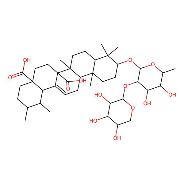 2D Structure of (1S,2R,4aS,6aR,6aR,6bR,8aR,10S,12aR,14bS)-10-[(2R,3R,4S,5S,6R)-4,5-dihydroxy-6-methyl-3-[(2S,3R,4S,5S)-3,4,5-trihydroxyoxan-2-yl]oxyoxan-2-yl]oxy-1,2,6b,9,9,12a-hexamethyl-2,3,4,5,6,6a,7,8,8a,10,11,12,13,14b-tetradecahydro-1H-picene-4a,6a-dicarboxylic acid
