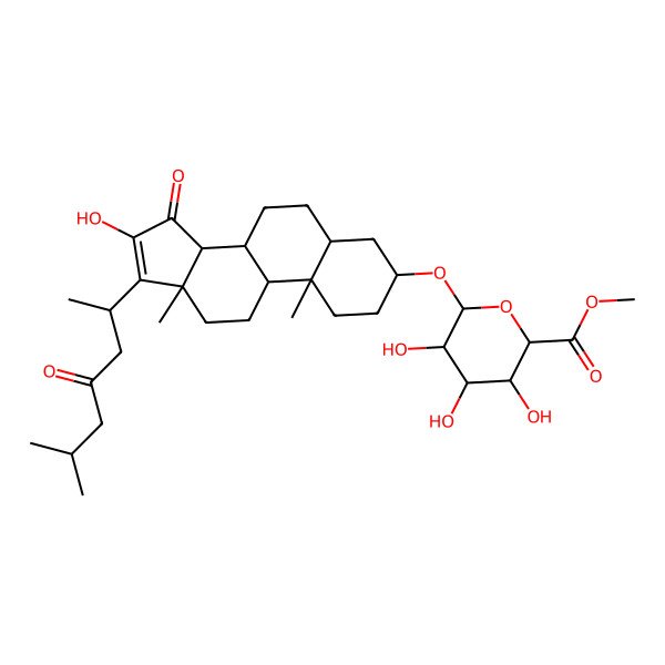 2D Structure of Methyl 3,4,5-trihydroxy-6-[[16-hydroxy-10,13-dimethyl-17-(6-methyl-4-oxoheptan-2-yl)-15-oxo-1,2,3,4,5,6,7,8,9,11,12,14-dodecahydrocyclopenta[a]phenanthren-3-yl]oxy]oxane-2-carboxylate