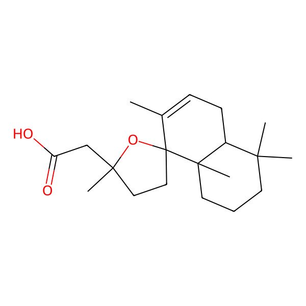 2D Structure of Spiro[furan-2(3H),1'(4'H)-naphthalene]-5-acetic acid, 4,4'a,5,5',6',7',8',8'a-octahydro-2',5,5',5',8'a-pentamethyl-, [1'R-[1'alpha(S*),4'aalpha,8'abeta]]-