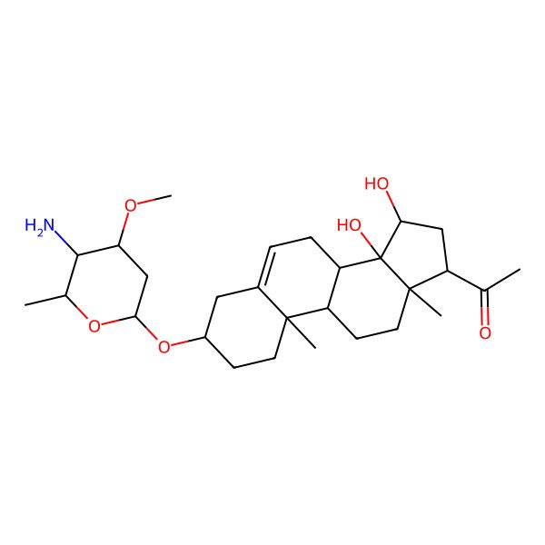 2D Structure of 1-[3-(5-Amino-4-methoxy-6-methyloxan-2-yl)oxy-14,15-dihydroxy-10,13-dimethyl-1,2,3,4,7,8,9,11,12,15,16,17-dodecahydrocyclopenta[a]phenanthren-17-yl]ethanone