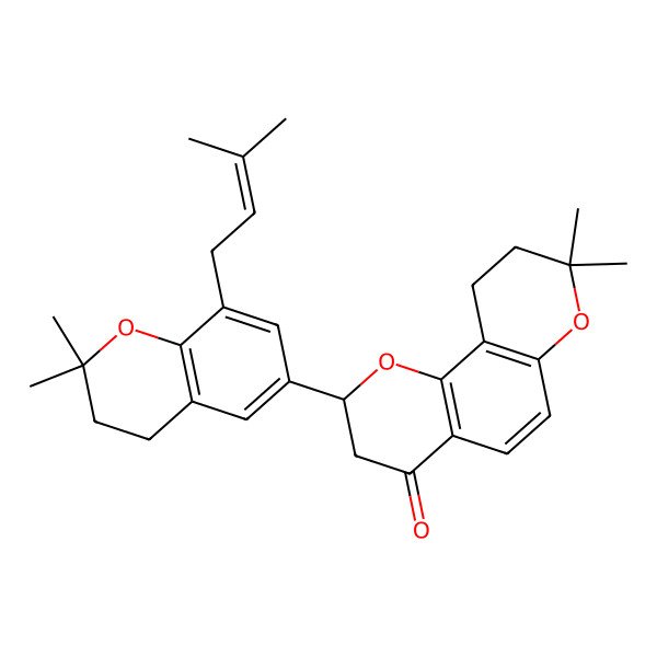 2D Structure of 2-[2,2-Dimethyl-8-(3-methylbut-2-enyl)-3,4-dihydrochromen-6-yl]-8,8-dimethyl-2,3,9,10-tetrahydropyrano[2,3-h]chromen-4-one