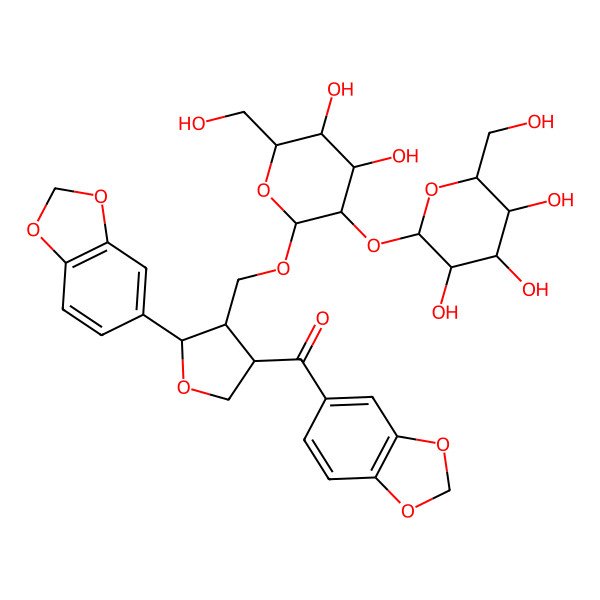 2D Structure of 1,3-benzodioxol-5-yl-[(3R,4R,5S)-5-(1,3-benzodioxol-5-yl)-4-[[(2R,3R,4S,5S,6R)-4,5-dihydroxy-6-(hydroxymethyl)-3-[(2S,3R,4S,5S,6R)-3,4,5-trihydroxy-6-(hydroxymethyl)oxan-2-yl]oxyoxan-2-yl]oxymethyl]oxolan-3-yl]methanone