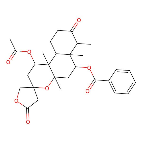 2D Structure of [(1S,3R,4aS,6S,6aR,7S,10aS,10bS)-1-acetyloxy-4a,6a,7,10b-tetramethyl-2',8-dioxospiro[1,2,5,6,7,9,10,10a-octahydrobenzo[f]chromene-3,4'-oxolane]-6-yl] benzoate