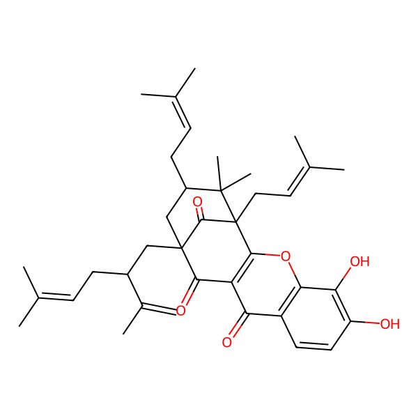 2D Structure of (1S,13S,15S)-5,6-dihydroxy-16,16-dimethyl-1,15-bis(3-methylbut-2-enyl)-13-[(2S)-5-methyl-2-prop-1-en-2-ylhex-4-enyl]-3-oxatetracyclo[11.3.1.02,11.04,9]heptadeca-2(11),4(9),5,7-tetraene-10,12,17-trione