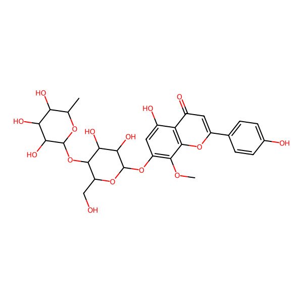 2D Structure of 7-[(2S,3R,4R,5S,6R)-3,4-dihydroxy-6-(hydroxymethyl)-5-[(2S,3R,4R,5R,6S)-3,4,5-trihydroxy-6-methyloxan-2-yl]oxyoxan-2-yl]oxy-5-hydroxy-2-(4-hydroxyphenyl)-8-methoxychromen-4-one