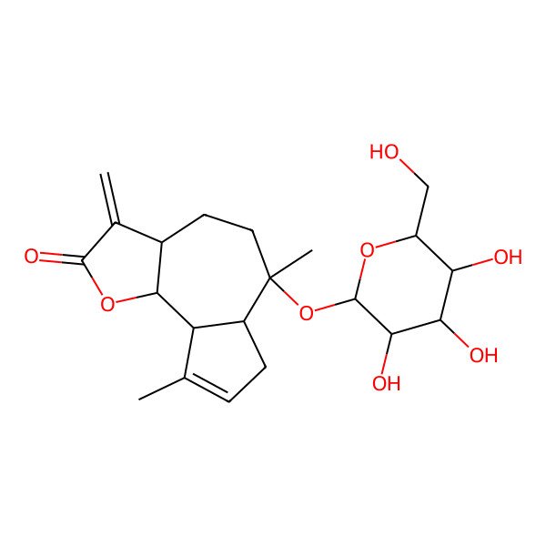 2D Structure of (3aS,6R,6aR,9aR,9bS)-6,9-dimethyl-3-methylidene-6-[(2S,3R,4S,5S,6R)-3,4,5-trihydroxy-6-(hydroxymethyl)oxan-2-yl]oxy-4,5,6a,7,9a,9b-hexahydro-3aH-azuleno[4,5-b]furan-2-one