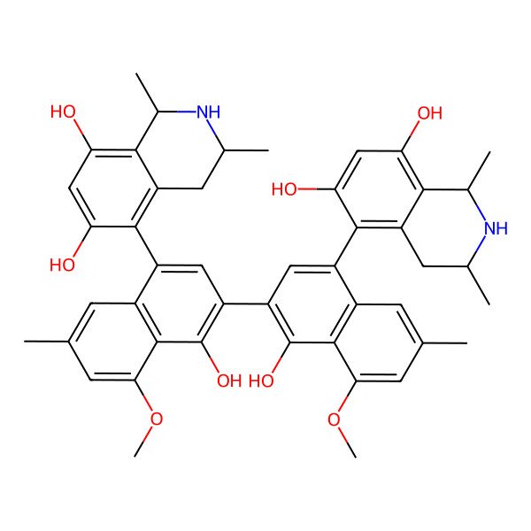 2D Structure of (1S)-5-[3-[4-[(1S)-6,8-dihydroxy-1,3-dimethyl-1,2,3,4-tetrahydroisoquinolin-5-yl]-1-hydroxy-8-methoxy-6-methylnaphthalen-2-yl]-4-hydroxy-5-methoxy-7-methylnaphthalen-1-yl]-1,3-dimethyl-1,2,3,4-tetrahydroisoquinoline-6,8-diol