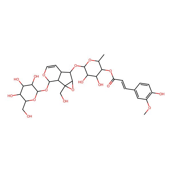 2D Structure of [(2S,3R,4S,5R,6S)-4,5-dihydroxy-6-[[(1S,2S,4S,5S,6R,10S)-2-(hydroxymethyl)-10-[(2S,3R,4S,5S,6R)-3,4,5-trihydroxy-6-(hydroxymethyl)oxan-2-yl]oxy-3,9-dioxatricyclo[4.4.0.02,4]dec-7-en-5-yl]oxy]-2-methyloxan-3-yl] (Z)-3-(4-hydroxy-3-methoxyphenyl)prop-2-enoate