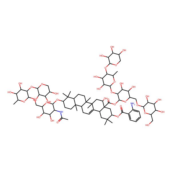 2D Structure of [(2S,3R,4S,5S,6S)-3-[(2S,3S,4S,5R,6S)-3,4-dihydroxy-6-methyl-5-[(2S,3R,4S,5R)-3,4,5-trihydroxyoxan-2-yl]oxyoxan-2-yl]oxy-4,5-dihydroxy-6-[[(2R,3R,4S,5S,6R)-3,4,5-trihydroxy-6-(hydroxymethyl)oxan-2-yl]oxymethyl]oxan-2-yl] (3S,4aR,5R,6aR,6aS,6bR,8aR,10S,12aR,14bS)-10-[(2R,3R,4R,5S,6S)-3-acetamido-6-[[(2R,3R,4S,5R,6R)-4,5-dihydroxy-6-methyl-3-[(2S,3R,4S,5R)-3,4,5-trihydroxyoxan-2-yl]oxyoxan-2-yl]oxymethyl]-4,5-dihydroxyoxan-2-yl]oxy-3-(2-aminobenzoyl)oxy-5-hydroxy-2,2,6a,6b,9,9,12a-heptamethyl-1,3,4,5,6,6a,7,8,8a,10,11,12,13,14b-tetradecahydropicene-4a-carboxylate