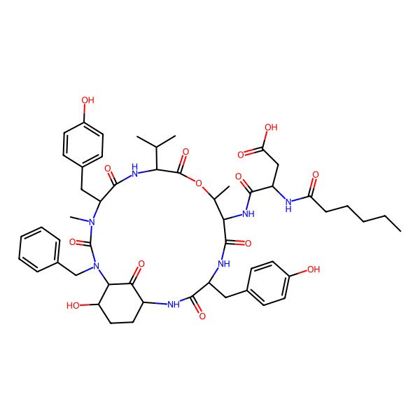 2D Structure of 4-[[2-Benzyl-21-hydroxy-5,15-bis[(4-hydroxyphenyl)methyl]-4,11-dimethyl-3,6,9,13,16,22-hexaoxo-8-propan-2-yl-10-oxa-2,4,7,14,17-pentazabicyclo[16.3.1]docosan-12-yl]amino]-3-(hexanoylamino)-4-oxobutanoic acid