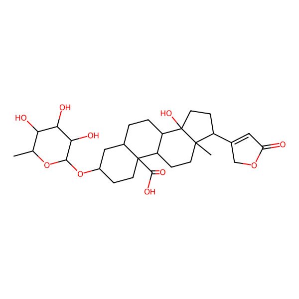 2D Structure of (3S,5R,8R,9S,10R,13R,14S,17R)-14-hydroxy-13-methyl-17-(5-oxo-2H-furan-3-yl)-3-[(2R,3R,4R,5R,6S)-3,4,5-trihydroxy-6-methyloxan-2-yl]oxy-1,2,3,4,5,6,7,8,9,11,12,15,16,17-tetradecahydrocyclopenta[a]phenanthrene-10-carboxylic acid