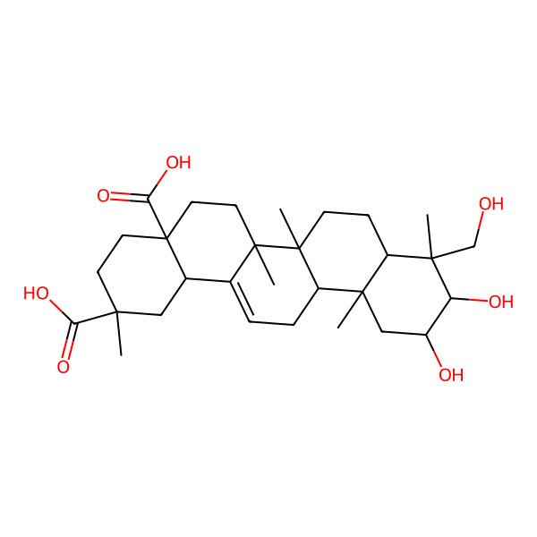 2D Structure of (2S,4aR,6aR,6aS,6bR,8aS,9R,10R,11R,12aR,14bS)-10,11-dihydroxy-9-(hydroxymethyl)-2,6a,6b,9,12a-pentamethyl-1,3,4,5,6,6a,7,8,8a,10,11,12,13,14b-tetradecahydropicene-2,4a-dicarboxylic acid