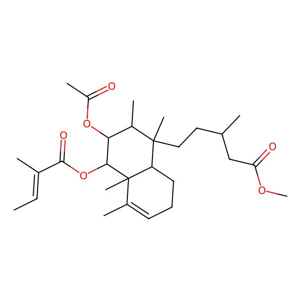 2D Structure of methyl (3R)-5-[(1R,2S,3R,4R,4aR,8aR)-3-acetyloxy-1,2,4a,5-tetramethyl-4-[(Z)-2-methylbut-2-enoyl]oxy-2,3,4,7,8,8a-hexahydronaphthalen-1-yl]-3-methylpentanoate