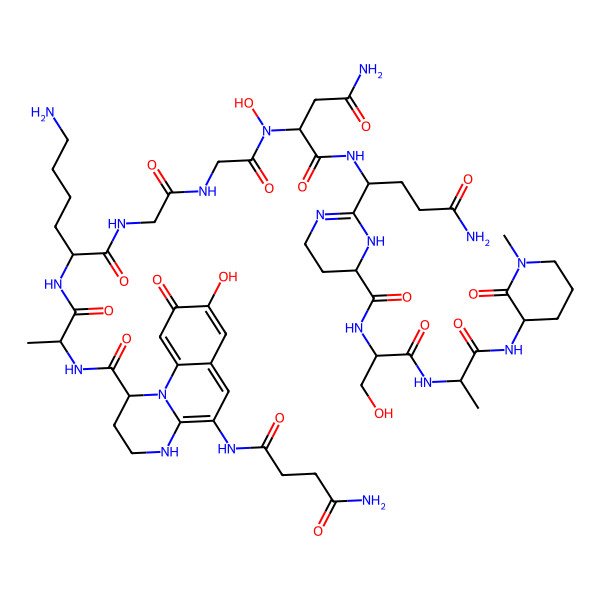 2D Structure of (2S)-2-[[2-[[2-[[(2R)-6-amino-2-[[(2R)-2-[[(1S)-5-[(4-amino-4-oxobutanoyl)amino]-8-hydroxy-9-oxo-1,2,3,4-tetrahydropyrimido[1,2-a]quinoline-1-carbonyl]amino]propanoyl]amino]hexanoyl]amino]acetyl]amino]acetyl]-hydroxyamino]-N-[(1R)-4-amino-1-[6-[[(2S)-3-hydroxy-1-[[(2R)-1-[[(3S)-1-methyl-2-oxopiperidin-3-yl]amino]-1-oxopropan-2-yl]amino]-1-oxopropan-2-yl]carbamoyl]-1,4,5,6-tetrahydropyrimidin-2-yl]-4-oxobutyl]butanediamide