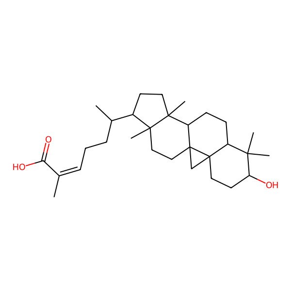 2D Structure of (Z,6R)-6-[(1S,3R,6R,8S,11R,12S,15R,16R)-6-hydroxy-7,7,12,16-tetramethyl-15-pentacyclo[9.7.0.01,3.03,8.012,16]octadecanyl]-2-methylhept-2-enoic acid