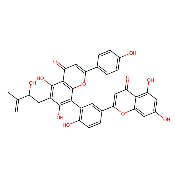 2D Structure of 8-[5-(5,7-Dihydroxy-4-oxochromen-2-yl)-2-hydroxyphenyl]-5,7-dihydroxy-6-(2-hydroxy-3-methylbut-3-enyl)-2-(4-hydroxyphenyl)chromen-4-one