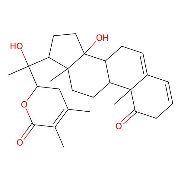 2D Structure of (2R)-2-[(1R)-1-hydroxy-1-[(8R,9S,10R,13R,14R,17S)-14-hydroxy-10,13-dimethyl-1-oxo-7,8,9,11,12,15,16,17-octahydro-2H-cyclopenta[a]phenanthren-17-yl]ethyl]-4,5-dimethyl-2,3-dihydropyran-6-one