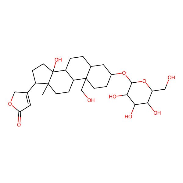 2D Structure of 3-[14-hydroxy-10-(hydroxymethyl)-13-methyl-3-[3,4,5-trihydroxy-6-(hydroxymethyl)oxan-2-yl]oxy-1,2,3,4,5,6,7,8,9,11,12,15,16,17-tetradecahydrocyclopenta[a]phenanthren-17-yl]-2H-furan-5-one