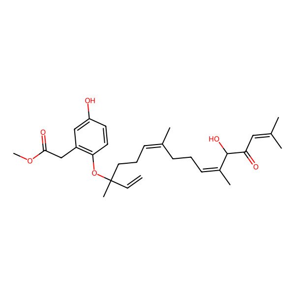 2D Structure of methyl 2-[5-hydroxy-2-[(6E,10Z,12S)-12-hydroxy-3,7,11,15-tetramethyl-13-oxohexadeca-1,6,10,14-tetraen-3-yl]oxyphenyl]acetate