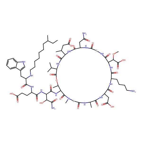 2D Structure of (4R)-5-[[(2S)-4-amino-1-[[(3S,9R,15S,18R,21S,24S,30S,31R)-18-(4-aminobutyl)-9-(2-amino-2-oxoethyl)-15-[carboxy(methoxy)methyl]-21-(carboxymethyl)-6-(1-carboxypropan-2-yl)-24,28,31-trimethyl-2,5,8,11,14,17,20,23,26,29-decaoxo-3-propan-2-yl-1-oxa-4,7,10,13,16,19,22,25,28-nonazacyclohentriacont-30-yl]amino]-3-hydroxy-1,4-dioxobutan-2-yl]amino]-4-[[(2S)-3-(1H-indol-3-yl)-2-(8-methyldecylamino)propanoyl]amino]-5-oxopentanoic acid