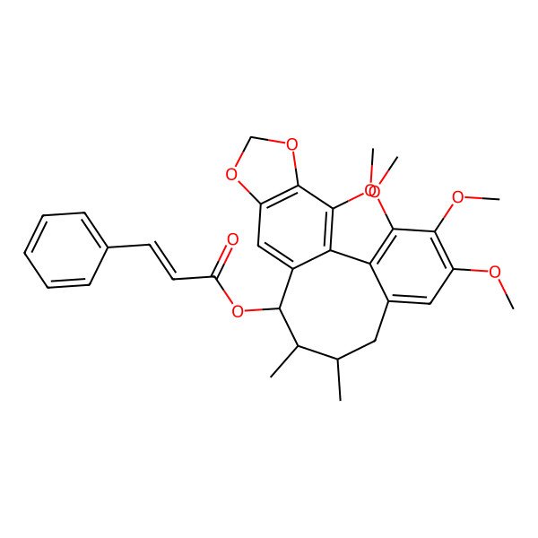 2D Structure of [(9R,10R,11R)-3,4,5,19-tetramethoxy-9,10-dimethyl-15,17-dioxatetracyclo[10.7.0.02,7.014,18]nonadeca-1(19),2,4,6,12,14(18)-hexaen-11-yl] 3-phenylprop-2-enoate