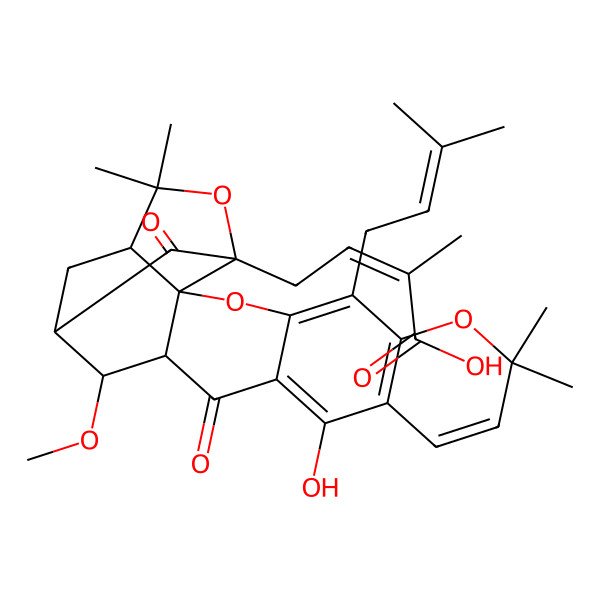 2D Structure of (Z)-4-[(2S,15R,16R,17S,19R)-12-hydroxy-16-methoxy-8,8,21,21-tetramethyl-5-(3-methylbut-2-enyl)-14,18-dioxo-3,7,20-trioxahexacyclo[15.4.1.02,15.02,19.04,13.06,11]docosa-4(13),5,9,11-tetraen-19-yl]-2-methylbut-2-enoic acid