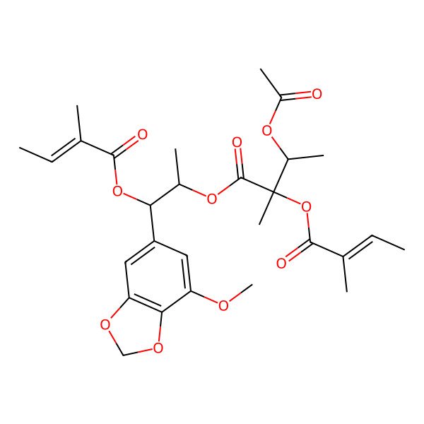 2D Structure of [(1S,2R)-1-(7-methoxy-1,3-benzodioxol-5-yl)-1-[(Z)-2-methylbut-2-enoyl]oxypropan-2-yl] (2R,3S)-3-acetyloxy-2-methyl-2-[(Z)-2-methylbut-2-enoyl]oxybutanoate