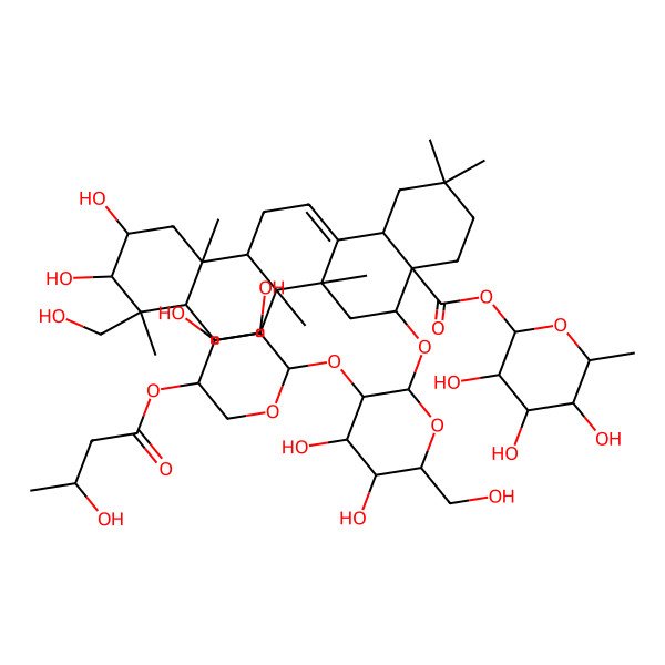 2D Structure of [(2S,3R,4R,5R,6S)-3,4,5-trihydroxy-6-methyloxan-2-yl] (4aR,5R,6aR,6aS,6bR,8aR,9R,10R,11S,12aR,14bS)-5-[(2R,3R,4S,5S,6R)-3-[(2S,3S,4S,5R)-3,4-dihydroxy-5-(3-hydroxybutanoyloxy)oxan-2-yl]oxy-4,5-dihydroxy-6-(hydroxymethyl)oxan-2-yl]oxy-10,11-dihydroxy-9-(hydroxymethyl)-2,2,6a,6b,9,12a-hexamethyl-1,3,4,5,6,6a,7,8,8a,10,11,12,13,14b-tetradecahydropicene-4a-carboxylate