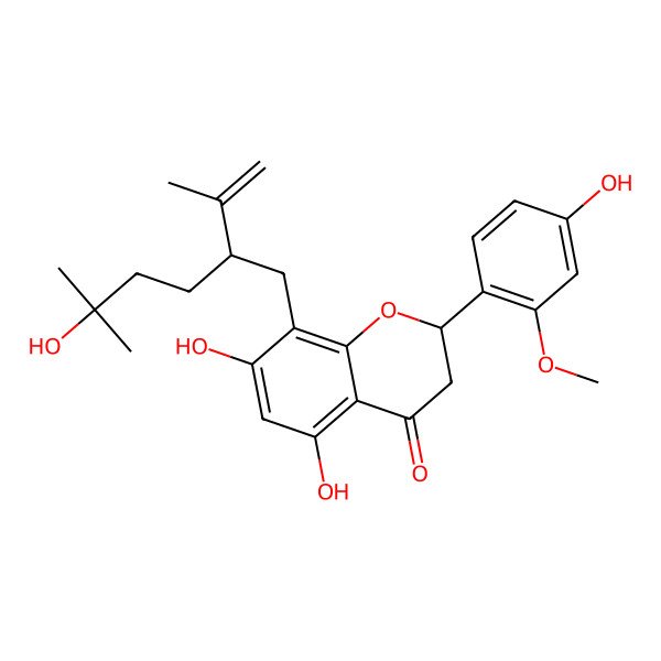 2D Structure of 5,7-Dihydroxy-2-(4-hydroxy-2-methoxyphenyl)-8-(5-hydroxy-5-methyl-2-prop-1-en-2-ylhexyl)-2,3-dihydrochromen-4-one