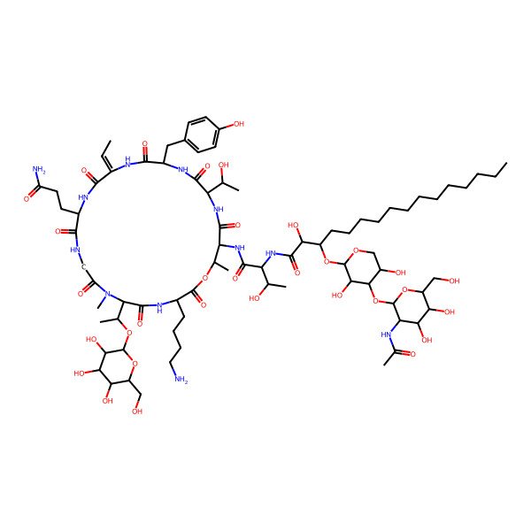 2D Structure of 3-[4-[3-acetamido-4,5-dihydroxy-6-(hydroxymethyl)oxan-2-yl]oxy-3,5-dihydroxyoxan-2-yl]oxy-N-[1-[[(3S,12R,15Z,18R,21S,24S,25R)-3-(4-aminobutyl)-12-(3-amino-3-oxopropyl)-15-ethylidene-21-[(1S)-1-hydroxyethyl]-18-[(4-hydroxyphenyl)methyl]-7,25-dimethyl-2,5,8,11,14,17,20,23-octaoxo-6-[1-[3,4,5-trihydroxy-6-(hydroxymethyl)oxan-2-yl]oxyethyl]-1-oxa-4,7,10,13,16,19,22-heptazacyclopentacos-24-yl]amino]-3-hydroxy-1-oxobutan-2-yl]-2-hydroxyhexadecanamide