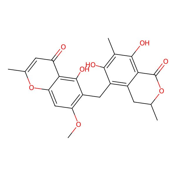 2D Structure of 6-[[(3R)-6,8-dihydroxy-3,7-dimethyl-1-oxo-3,4-dihydroisochromen-5-yl]methyl]-5-hydroxy-7-methoxy-2-methylchromen-4-one