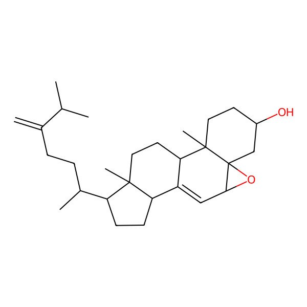 2D Structure of 2,16-Dimethyl-15-(6-methyl-5-methylideneheptan-2-yl)-8-oxapentacyclo[9.7.0.02,7.07,9.012,16]octadec-10-en-5-ol