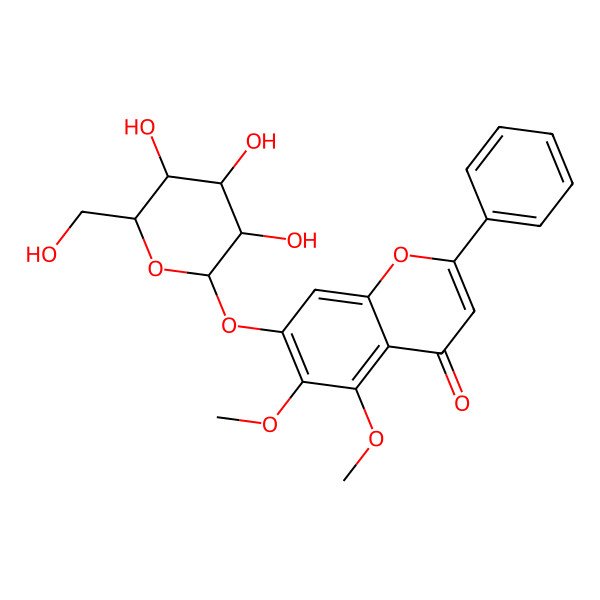 2D Structure of 5,6-dimethoxy-2-phenyl-7-[(2S,3R,4S,5S,6S)-3,4,5-trihydroxy-6-(hydroxymethyl)oxan-2-yl]oxychromen-4-one
