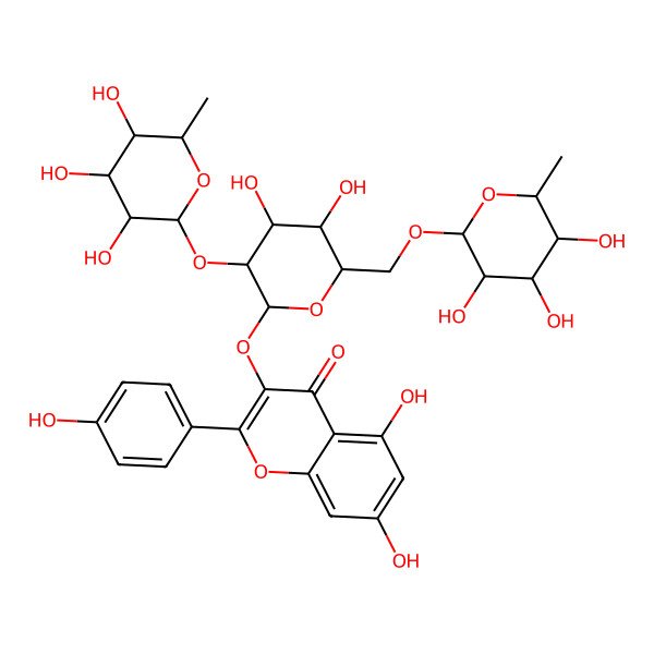 2D Structure of 3-[(2S,3R,4S,5R,6S)-4,5-dihydroxy-3-[(2S,3S,4S,5R,6S)-3,4,5-trihydroxy-6-methyloxan-2-yl]oxy-6-[[(2R,3R,4S,5R,6S)-3,4,5-trihydroxy-6-methyloxan-2-yl]oxymethyl]oxan-2-yl]oxy-5,7-dihydroxy-2-(4-hydroxyphenyl)chromen-4-one