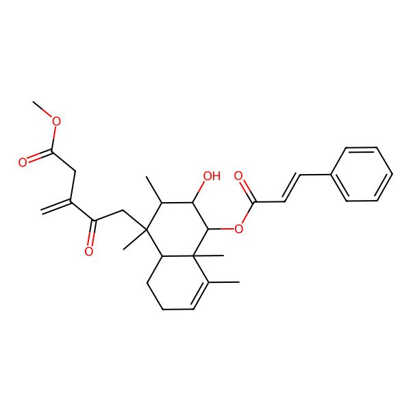 2D Structure of methyl 5-[(1R,2S,3R,4R,4aR,8aR)-3-hydroxy-1,2,4a,5-tetramethyl-4-[(E)-3-phenylprop-2-enoyl]oxy-2,3,4,7,8,8a-hexahydronaphthalen-1-yl]-3-methylidene-4-oxopentanoate